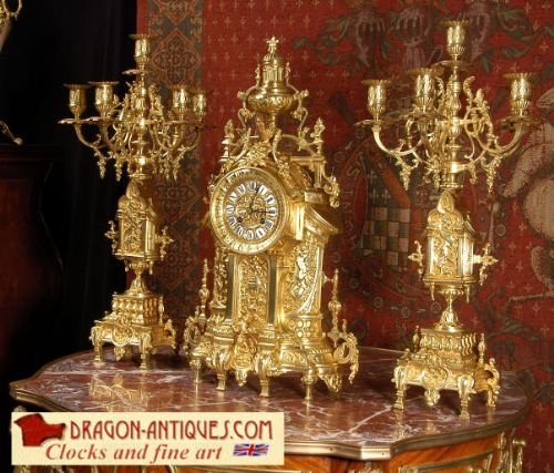 Superb Antique French Gothic Clock Set ~ Lions Rampant.